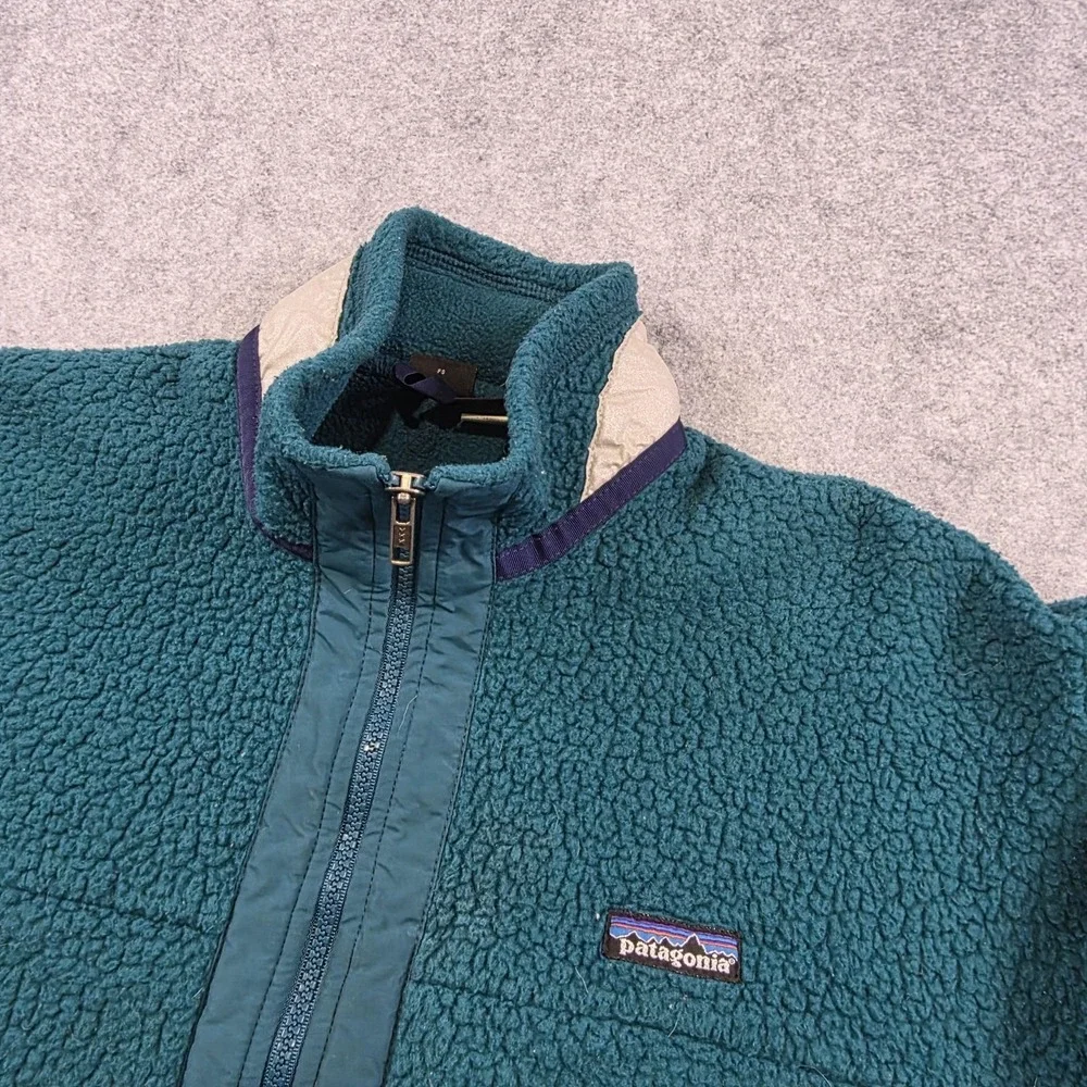 Vintage Patagonia Fleece Jacket Kids 14 Green High Pile‎ Sherpa Full Zip USA 90s